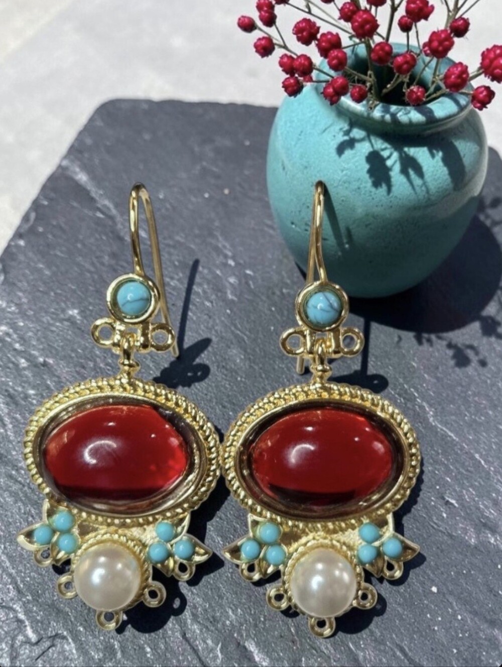 Gold Ottoman Empire Revival Ruby Pearl Turquoise Cabochon Earrings